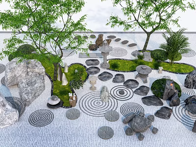 Natural Stepping Stones Garden Path With Green Trees Rocks Grass And Circular Patterns 3d model