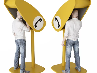 Yellow Public Phone Booth Facility With People Using Communication Services 3d model