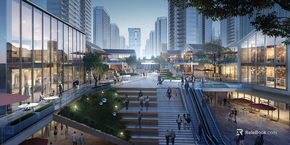 Modern Commercial Street With Stairs Pedestrians Tall Buildings Greenery And Glass Facades 3d model 