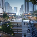 Modern Commercial Street With Stairs Pedestrians Tall Buildings Greenery And Glass Facades