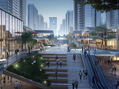 Modern Commercial Street With Stairs Pedestrians Tall Buildings Greenery And Glass Facades 3d model