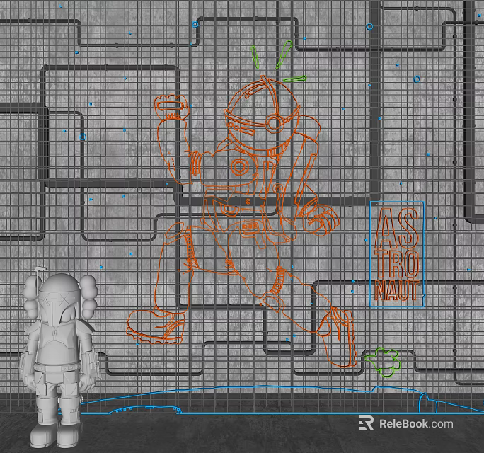 Decorative Lights Wireframe Design With Grid Background And Orange Outline Pattern 3d model