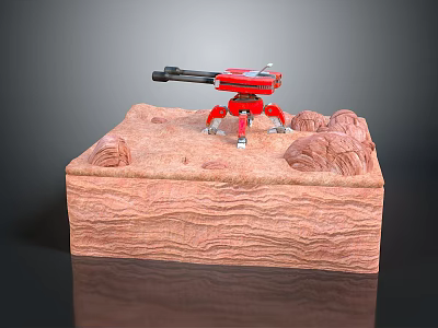 Detailed Red Mechanical Weapon with Tripod Stand on Rocky Sandy Base 3d model