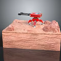 Detailed Red Mechanical Weapon with Tripod Stand on Rocky Sandy Base