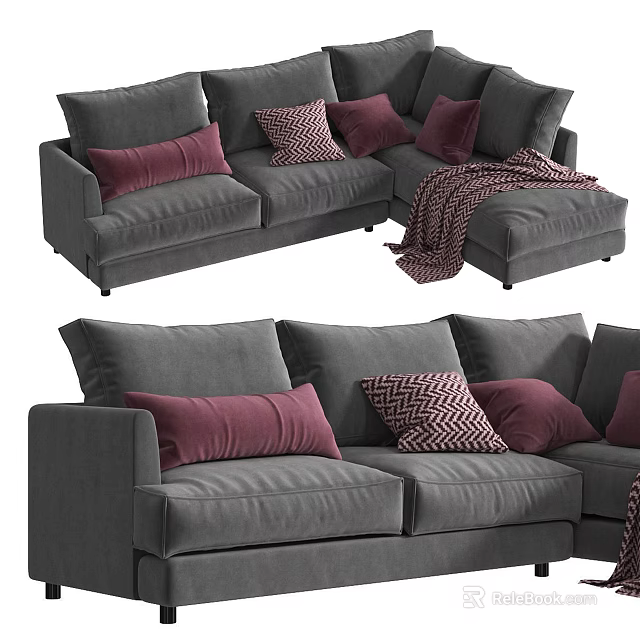 Gray Sectional Sofa with Red Cushions and Patterned Throw Blanket 3d model