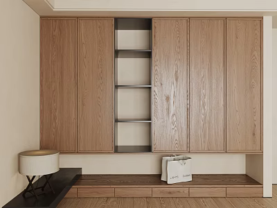 Modern Wooden Wardrobe Interior With Open Shelves And Multiple Doors Design 3d model