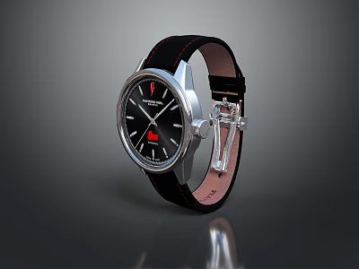 Stylish Black Leather Strap Watch With Silver Case And Red Accent Dial 3d model
