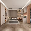 Modern Interior Space With Gray Cabinets Shelves Hanging Clothes And Bags Wooden Flooring Display Area