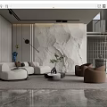 Modern Living Room Interior With White Sofa Brown Armchairs Marble Wall And Green Plant