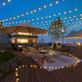 Garden Landscape With Wooden Deck White Canopies String Lights Loungers Greenery And Evening Mountain Views