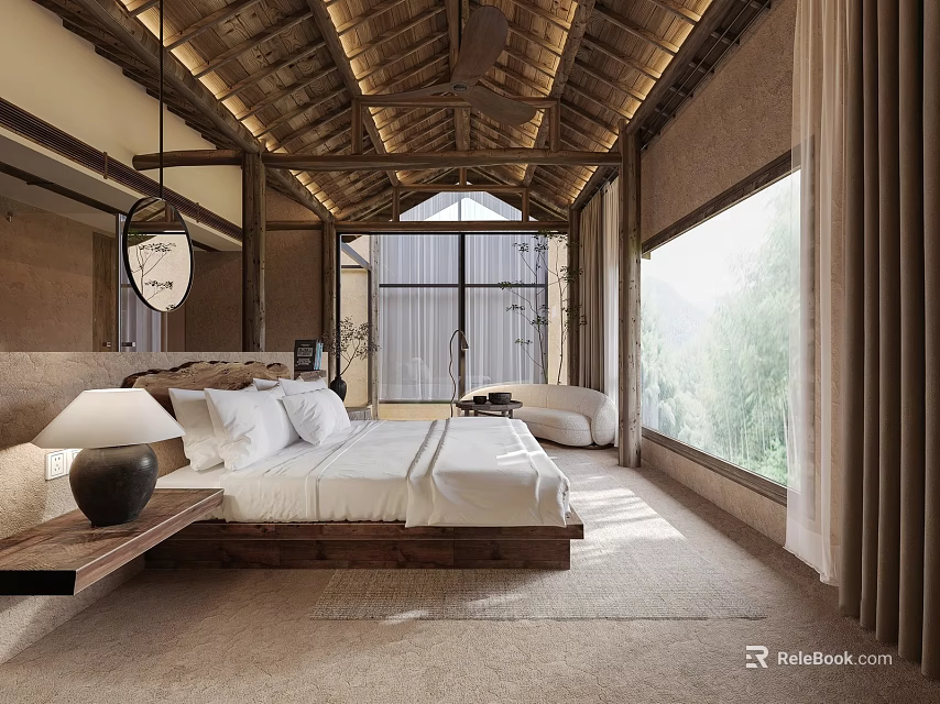 Rustic Minimalist Hotel Guest Room Interior With Wooden Ceiling Large Windows And Natural View 3d model 