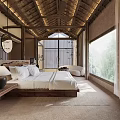 Rustic Minimalist Hotel Guest Room Interior With Wooden Ceiling Large Windows And Natural View
