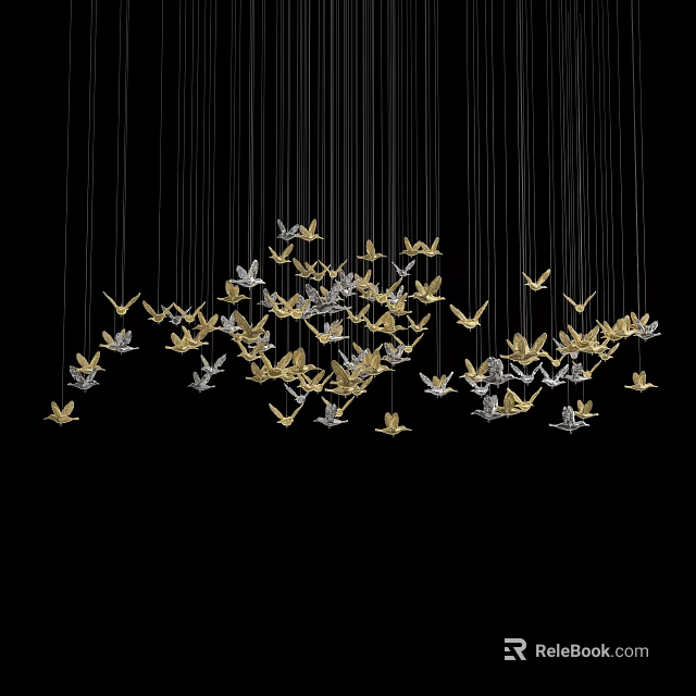 Elegant Gold and Silver Butterfly Shaped Pendant Chandelier Hanging on Black Background 3d model 