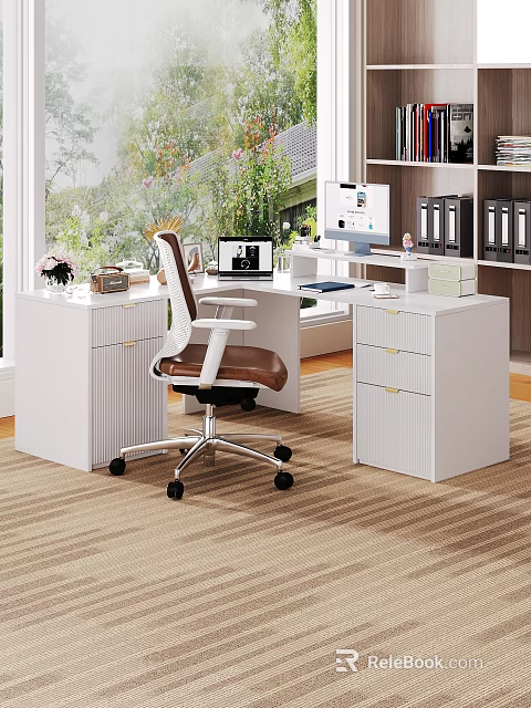 Stylish White Office Desk with Drawers Brown White Chair Laptop Photo Frame Plants and Bookshelf 3d model 