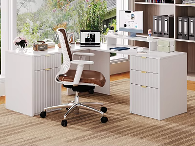 Stylish White Office Desk with Drawers Brown White Chair Laptop Photo Frame Plants and Bookshelf 3d model