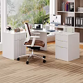 Stylish White Office Desk with Drawers Brown White Chair Laptop Photo Frame Plants and Bookshelf