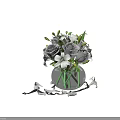 Transparent Glass Vase With Purple Roses White Lilies And Scattered Petals On Dark Background