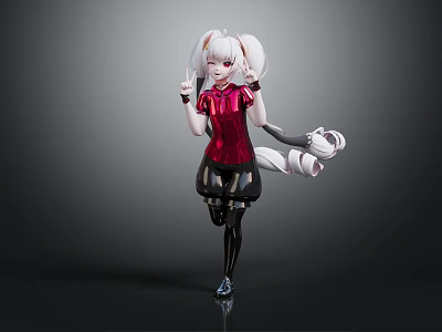 Anime Character With White Twintails Red Top Black Skirt And Mechanical Arm 3d model