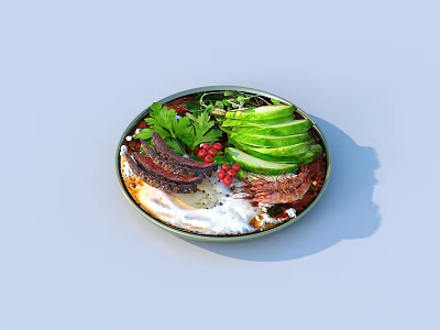 Grilled Beef Avocado Slices with Berries Fresh Herbs and Creamy Sauce Served on Plate 3d model