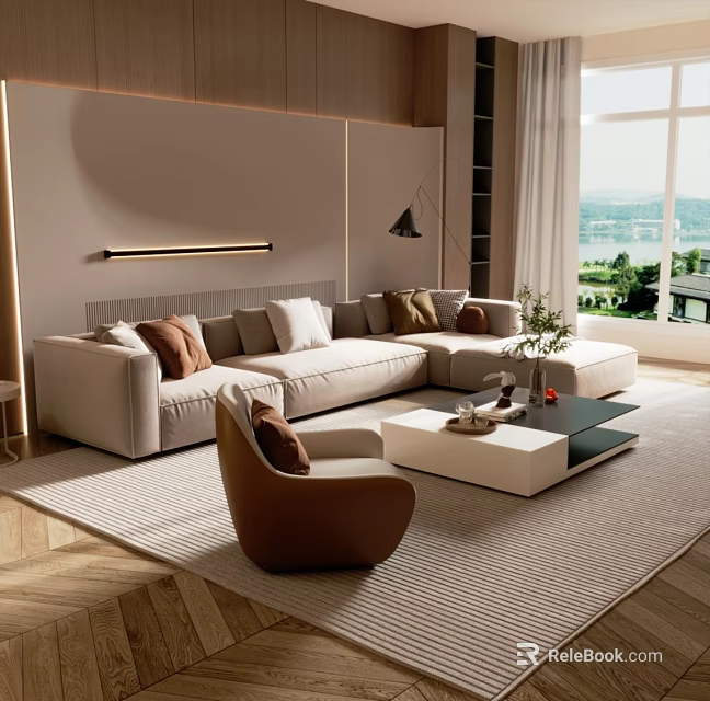 Modern Living Room Interior With Beige Sofa Brown Pillows And White Black Coffee Table Set 3d model 