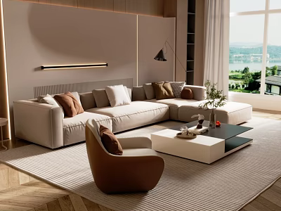 Modern Living Room Interior With Beige Sofa Brown Pillows And White Black Coffee Table Set 3d model