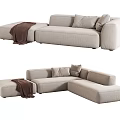 Beige Fabric Sectional Sofa With Multiple Cushions And Brown Throw Blanket 3d model