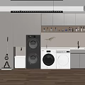 Modern Laundry Room Interior With Washing Machine Dryer Cabinets Cleaning Tools And Wooden Floor