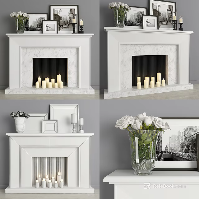 Elegant Modern Marble Fireplace Design With Candles Vase And Decor Frames 3d model 
