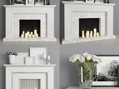 Elegant Modern Marble Fireplace Design With Candles Vase And Decor Frames 3d model