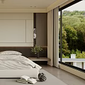 Modern Bedroom with Big Bed Open Shelves Large Window Greenery View Light Wood Floor