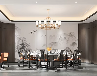 Luxurious Private Dining Room Interior With Chinese Mountain Painting Chandelier And Dining Table 3d model