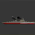Vintage Battleship Model With Black Smoke Red Hull And Turrets Sailing