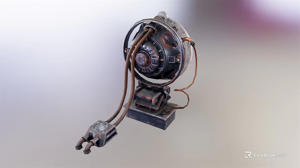 Vintage Industrial Mechanical Device Featuring Circular Component Pipes Wires And Square Metallic Base 3d model 