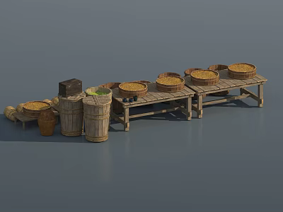 Garden Ornaments Design With Wooden Long Table Woven Baskets Barrels And Green Plants 3d model