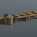 Garden Ornaments Design With Wooden Long Table Woven Baskets Barrels And Green Plants