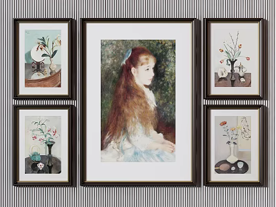 Set of Framed Botanical Paintings with Vase and Plants on Striped Background 3d model