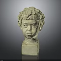 Detailed Plaster Child Head Sculpture With Curly Hair On Square Base Displayed On Dark Background