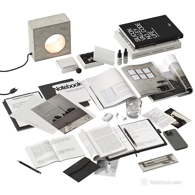 Stylish Books Magazines And Notebooks On Modern Desk Setup With Stationery Lamp Smartphone And Glass 3d model 