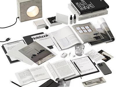 Stylish Books Magazines And Notebooks On Modern Desk Setup With Stationery Lamp Smartphone And Glass 3d model
