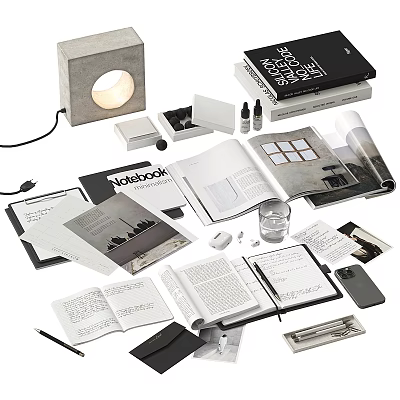 Stylish Books Magazines And Notebooks On Modern Desk Setup With Stationery Lamp Smartphone And Glass 3d model
