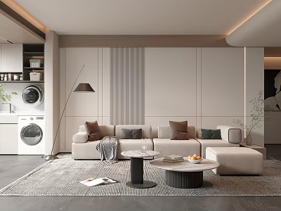 Modern Living Room Interior With Beige Sofa Multiple Pillows Coffee Tables Floor Lamp And Rug 3d model