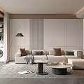 Modern Living Room Interior With Beige Sofa Multiple Pillows Coffee Tables Floor Lamp And Rug