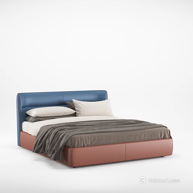 Double Bed With Blue Headboard Brown Frame Gray Blanket And White Pillows 3d model