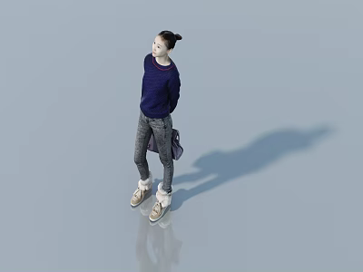 Man Standing Against Gray Background Wearing Dark Blue Top Gray Pants White Shoes Purple Bag Shadow And Reflection 3d model