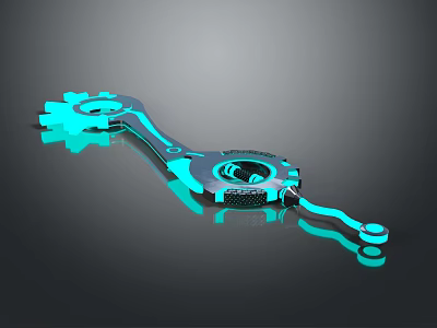 Blue Glowing Mechanical Weapon with Gears and Barrel Like Parts on Reflective Surface Gray Background 3d model