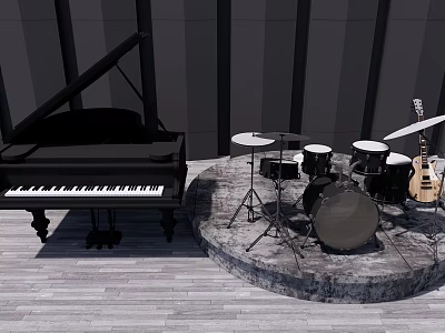 Elegant Music Instrument Display With Black Piano Drum Set Electric Guitar And Wooden Floor 3d model