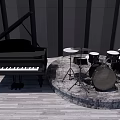 Elegant Music Instrument Display With Black Piano Drum Set Electric Guitar And Wooden Floor