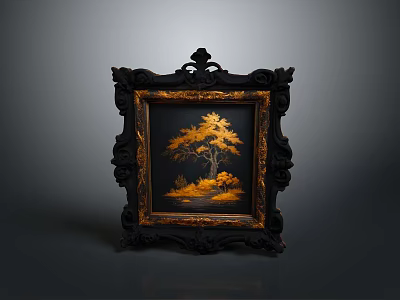 Ornate Black Carved Frame With Golden Tree Painting And Dark Background 3d model