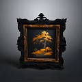 Ornate Black Carved Frame With Golden Tree Painting And Dark Background