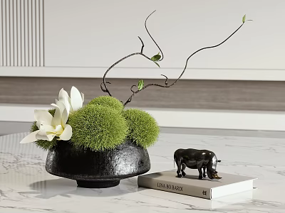 Elegant Black Vase With White Flowers Green Moss Balls And Twigs On Modern Tabletop 3d model